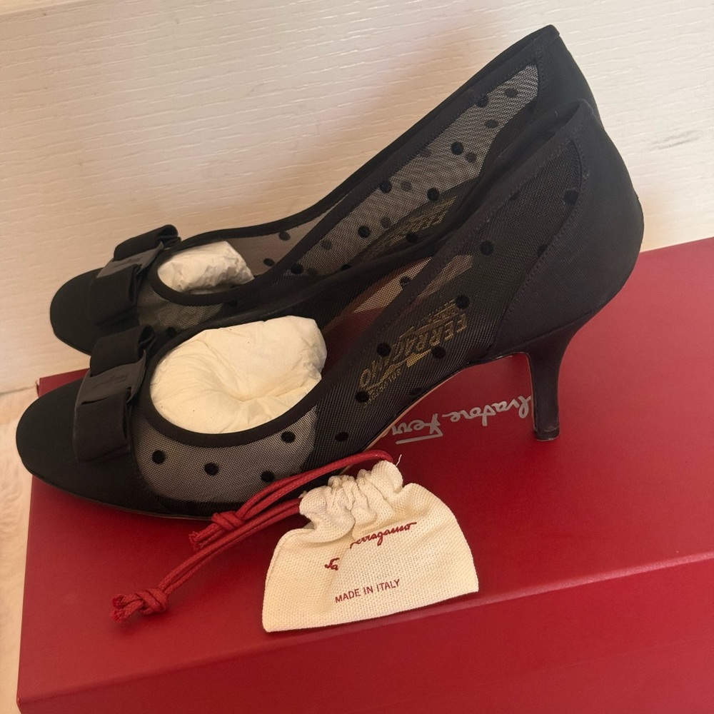 Salvatore Ferragamo Black Mesh Polka Dot Bow Pumps